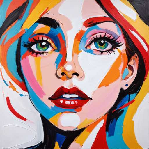 The image depicts an abstract painting featuring a woman's face with vibrant colors and bold lines. The woman has striking red lips and eyes that contrast with her pink cheeks. Her hair is styled in loose waves, adding to the overall bohemian aesthetic of the piece. The background is a solid white color, which serves to highlight the colorful foreground.