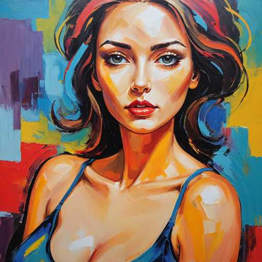 This image is a detailed painting of a young woman, likely in her early 20s, with a serious expression. She has long, wavy brown hair that cascades down to her shoulders, with hints of red and yellow highlights. Her striking green eyes are framed by long eyelashes and thin, arched eyebrows. She wears bright red lipstick that accentuates her full lips. The woman is dressed in a blue tank top with thin straps, and her bare shoulders and upper chest are visible. The background is a vibrant mix of abstract colors, including shades of blue, yellow, red, purple, and white, creating a dynamic and colorful setting that contrasts with her more subdued appearance. The painting style is somewhat abstract, with visible brush strokes that add texture to the image.