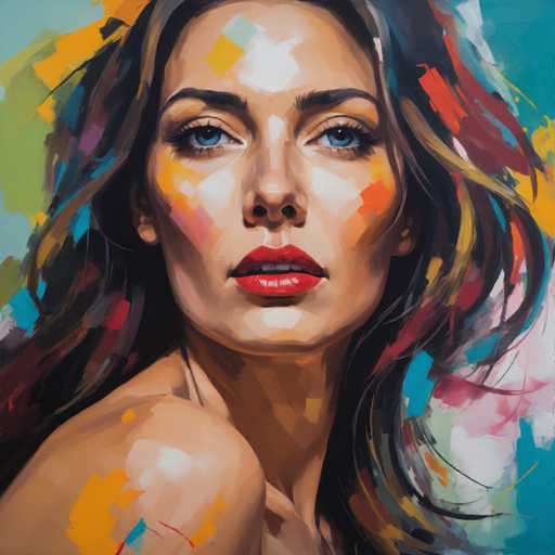 This image is a vibrant, abstract painting of a woman's face. The woman has striking blue eyes and red lips, with her face adorned with a variety of colors. Her forehead features a blend of white, yellow, and green hues, while her cheeks are splashed with orange, pink, and yellow. Her hair is a mix of black, brown, and blonde, with additional accents of red, blue, and yellow. The background is a dynamic blend of colors, including blue, white, pink, and yellow, creating a lively and energetic atmosphere. The woman's head is slightly tilted to the right, and her gaze is directed straight at the viewer. The painting captures the essence of a woman's beauty with a modern, abstract twist, making it a captivating and visually engaging piece of art.