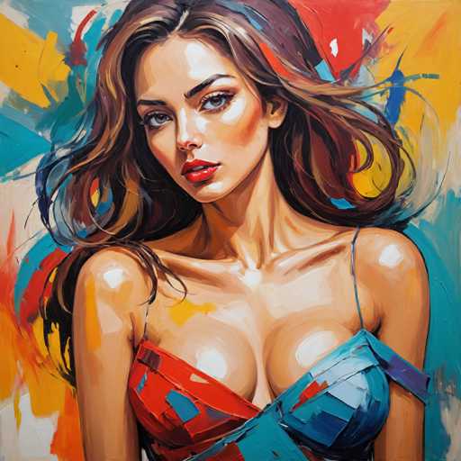 The image portrays a strikingly realistic painting of a young woman, possibly in her early 20s, with long, wavy brown hair that cascades past her shoulders. She has captivating blue eyes and full, red lips, and her face is adorned with subtle makeup, including a touch of blush on her cheeks. She is dressed in a unique, one-shoulder dress that features a vibrant mix of red and blue hues, with the fabric draped over her right shoulder and leaving her left shoulder bare. The dress appears to be made of a material that resembles paper mache, adding a textured, almost three-dimensional quality to the painting. The background is an abstract blend of colors, with splashes of red, yellow, blue, and white, creating a dynamic and somewhat chaotic backdrop that contrasts with the woman's serene and composed expression. Her head is slightly tilted to the left, and she gazes directly at the viewer, creating a sense of connection and intrigue.