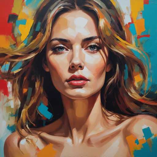 This image is a detailed painting of a woman, focusing on her head and shoulders. The woman has long, wavy hair that is a blend of blonde and brown, with some strands appearing almost black. Her hair is parted on the left side, with some strands falling over her right shoulder and others behind her left shoulder. She has striking blue eyes, accentuated by black eyebrows and long eyelashes. Her nose is slightly upturned, and she has full lips that are a mix of pink and red. Her expression is serious, with her mouth slightly open, revealing her top teeth. 

The woman's skin is a light tan, and her neck is slender. Her shoulders are bare, with her right shoulder more prominently visible. The background is a vibrant mix of colors, including blue, orange, yellow, red, and white, with some areas appearing almost like paint splatters. These colors are particularly concentrated around her head, creating a dynamic and colorful backdrop that contrasts with her more subdued tones.