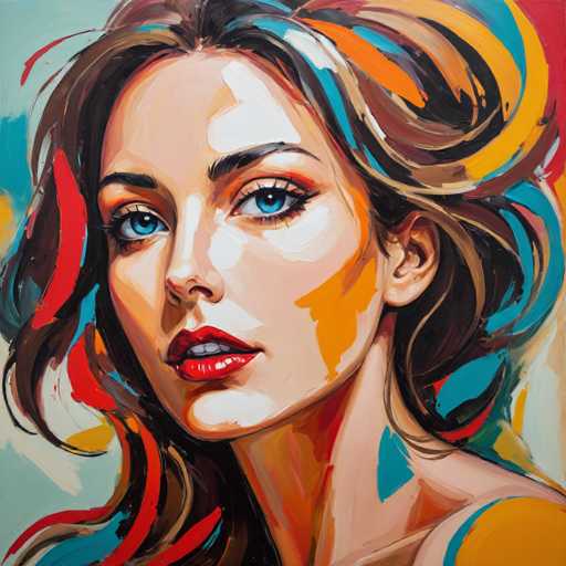 This image is a detailed painting of a woman's face, capturing her from the top of her head to just below her neck. The woman has striking blue eyes and is adorned with red lipstick, her mouth slightly open to reveal her top teeth. Her dark brown hair is interspersed with streaks of blue, orange, and yellow, adding a vibrant and dynamic element to her appearance. The background is a blend of blue, red, and white hues, with the blue predominantly on the left side and the red more prominent on the right. The woman's face is framed by her hair, which is styled to fall around her neck and shoulders. The painting style is somewhat abstract, with the colors blending into each other, creating a harmonious yet complex visual effect.