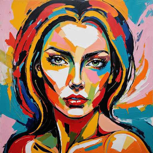 This vibrant and colorful painting depicts a woman's face and upper body using an array of bright and diverse hues. The woman, who has green eyes and red lips, is adorned with a mix of colors including white, yellow, orange, blue, green, pink, red, and black. Her hair, which is predominantly black, features streaks of red, yellow, and blue, adding to the dynamic nature of the artwork. She is wearing a red shirt, and her skin is rendered in shades of white and yellow. The background is a lively blend of pink, blue, and orange, enhancing the overall vividness of the piece. The painting style is characterized by thick, textured brushstrokes, giving it a rich and tactile quality. The woman's face is the focal point, with her eyes gazing directly at the viewer, creating a sense of engagement. The painting is devoid of any text, allowing the colors and brushstrokes to speak for themselves.