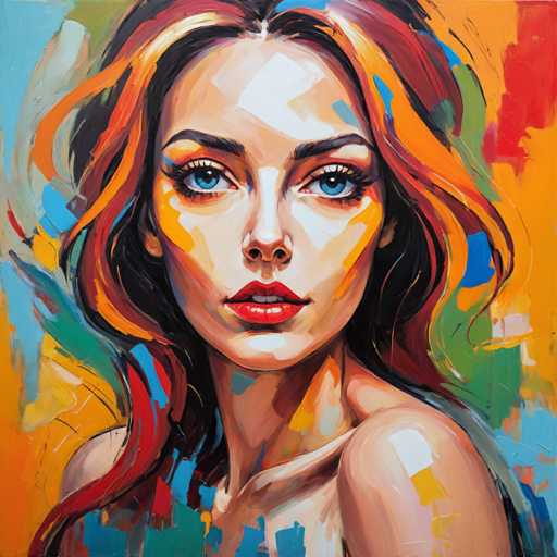 This image features a detailed painting of a woman with a striking and colorful appearance. The woman has long, wavy hair that is a blend of black, orange, yellow, and red, cascading down to her shoulders. Her face is painted with a light tan base, accentuated by orange and yellow splotches that add depth and texture. She has large, expressive blue eyes framed by black eyebrows and long eyelashes. Her lips are painted a vivid red, and her mouth is slightly open, revealing her top two teeth. The woman's neck and shoulders are bare, and she appears to be wearing a strapless top. The background is a vibrant mix of colors, including shades of blue, green, orange, red, and yellow, creating a dynamic and lively setting that complements the subject. The overall style of the painting is somewhat abstract, with bold brushstrokes and a blend of realistic and stylized elements, giving it a unique and captivating quality.