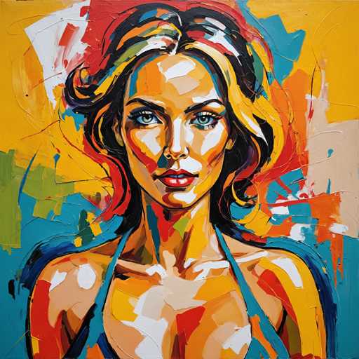 This vibrant painting features a woman with striking blue eyes and red lips, her face adorned with a mix of white, yellow, and red hues. Her hair, a blend of black, yellow, and red, cascades down to her shoulders. She is dressed in a blue top, with the straps visible around her neck and shoulders. The background is a dynamic explosion of colors, including red, blue, yellow, green, and white, creating a lively and abstract setting. The painting's style is characterized by thick, textured brushstrokes, giving it a rich and tactile quality. The woman's expression is neutral, with her mouth slightly open, revealing her top teeth. The overall composition is both bold and intricate, capturing the viewer's attention with its vivid palette and expressive details.