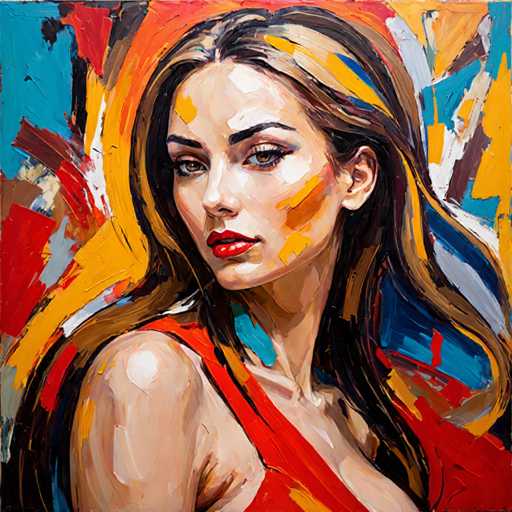 This image features a striking oil painting of a woman with long, flowing brown hair that cascades down to her chest. Her hair is adorned with streaks of yellow, blue, and orange, adding a vibrant touch to her appearance. She has captivating blue eyes and full red lips, which are slightly parted, giving her a contemplative expression. The woman is dressed in a red top that reveals her shoulders and part of her chest, with the fabric draped over her right shoulder. The background is a dynamic blend of colors, including shades of blue, yellow, red, white, and gray, creating a lively and artistic atmosphere. The woman's face is turned slightly to the left, gazing off into the distance, adding to the painting's sense of depth and intrigue.