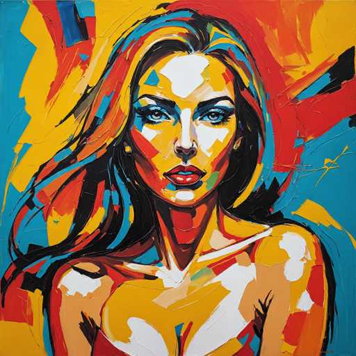 This vibrant painting features a woman with long, flowing hair that cascades down to her shoulders. Her hair is a striking blend of colors, predominantly black with streaks of red, blue, and yellow. The woman's face is a canvas of artistic expression, with her forehead painted white, contrasting against the yellow that dominates the rest of her face. Her eyes are a captivating blue, framed by black eyebrows, and her lips are painted a bold red. The background is a dynamic mix of blue, yellow, and red, creating a harmonious yet chaotic backdrop that complements the subject. The woman's body is rendered in a similar palette, with her skin depicted in shades of yellow, white, and red, adding to the overall abstract and expressive nature of the artwork.