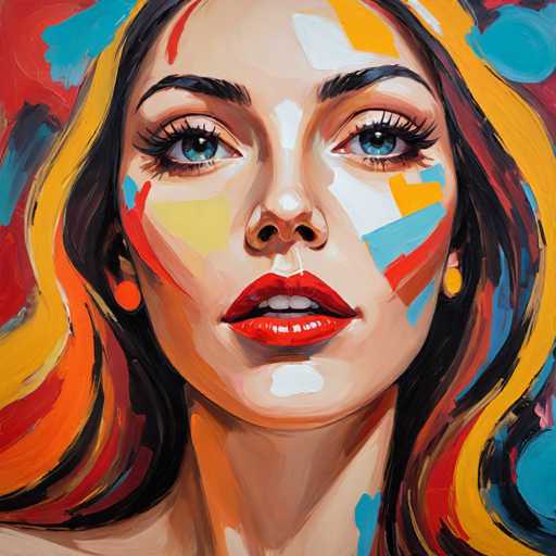 This image is a detailed painting of a woman's face, set against a vibrant background. The woman has striking blue eyes and is adorned with red lipstick. Her face is painted with a combination of white, yellow, and blue splotches, adding to the abstract and artistic feel of the piece. She has black hair, which is highlighted with streaks of yellow, orange, and red, and she wears orange earrings. The background is a mix of blue, red, and yellow hues, creating a dynamic and colorful setting that complements the subject. The woman's expression is neutral, and she gazes directly at the viewer, engaging them with her direct gaze. The painting is rich in detail, with visible brush strokes adding texture and depth to the piece.