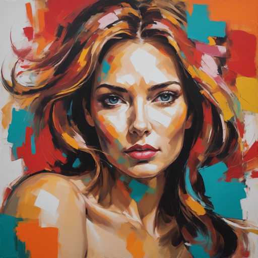 This image features a striking, abstract painting of a woman with long, wavy hair that cascades down to her shoulders. Her hair is a blend of brown, blonde, and reddish hues, with a hint of orange. She has blue eyes and is wearing red lipstick, her expression serious and contemplative as she gazes slightly to the right. The woman appears to be topless, with her bare shoulder visible on the left side of the image. The background is a vibrant mix of colors, including red, blue, yellow, orange, and white, creating a dynamic and textured backdrop. The painting style is somewhat abstract, with the woman's face and body composed of various colored shapes and splotches, giving it a unique, fragmented appearance. The overall effect is both captivating and enigmatic, drawing the viewer into the complex interplay of colors and forms.