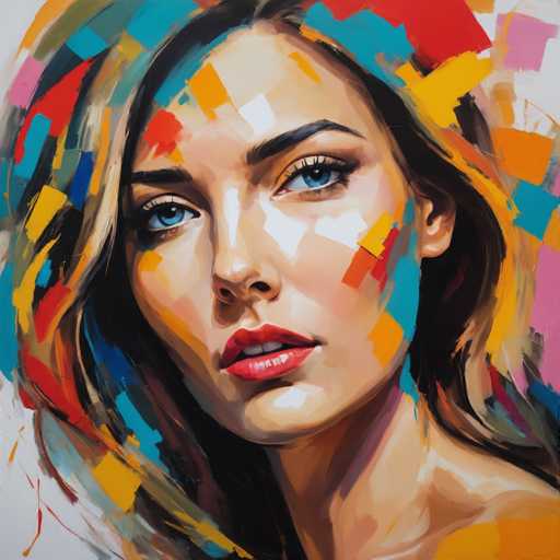 This image is a vibrant and detailed painting of a woman's face, set against a white background. The woman has striking blue eyes and red lips, with her mouth slightly open, revealing her top teeth. Her face is adorned with a variety of colors, including white, yellow, orange, blue, and red, which are particularly prominent on her cheeks and in her hair. Her hair is a mix of blonde and brown, with streaks of blue, orange, and red, and it appears to be styled in a way that it frames her face. The woman's neck is visible, and she has a fair complexion. Her eyebrows are black, and she has a slight nose. The painting style is somewhat abstract, with colors blending into each other, creating a dynamic and lively effect. The woman is looking directly at the viewer, engaging with the audience with her expressive eyes and slightly open mouth.