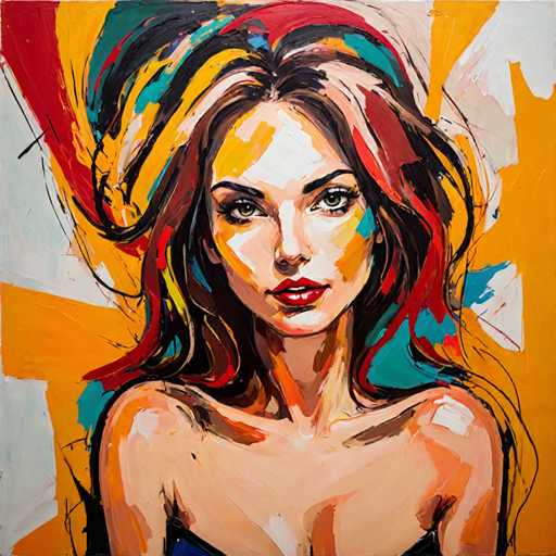 This image is a vibrant, abstract painting of a woman with long, wavy hair that cascades past her shoulders. Her hair is a striking mix of colors, including shades of brown, red, yellow, and blue, with some parts appearing almost black. The woman's face is painted with a light complexion, and she has expressive green eyes, thin black eyebrows, and red lips. She is wearing a blue top, though only the upper part of her chest is visible. The background is a dynamic blend of colors, featuring prominent streaks and patches of red, yellow, blue, and white, creating a lively and textured backdrop. The overall style of the painting is abstract, with no distinct brush strokes, giving it a fluid and blended appearance.