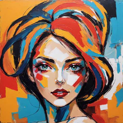 This vibrant painting features a woman with an abstract, colorful depiction of her hair. Her hair is a striking blend of blue, orange, and red, with black streaks and a hint of yellow. The background is a dynamic mix of orange, blue, and white, with splashes of red and blue adding to the abstract feel. The woman's face is painted with a white base, accented by red and blue splotches on her cheeks. She has blue eyes and red lips, with a subtle smile. Her neck is painted blue, and her shoulder is white. The painting is square, with no text, and the woman's face is positioned centrally, gazing directly at the viewer. The overall style is abstract and colorful, creating a visually engaging and modern piece.