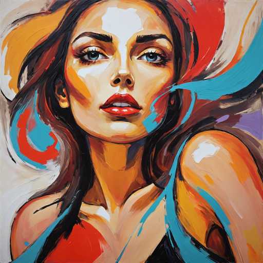 This image is a vibrant and abstract painting of a woman, likely created using oil or acrylic paints. The woman, who has fair skin, is depicted with striking blue eyes and red lips. Her dark brown hair, which features streaks of red and orange, appears to be blowing in the wind, adding a dynamic element to the composition. She is wearing a black top, possibly a dress, and her shoulders are bare. The background is a blend of white, gray, and purple hues, with splashes of blue, red, and orange paint that create a sense of movement and energy. The painting style is somewhat abstract, with the woman's features rendered in a way that emphasizes her beauty and allure. The overall effect is a captivating and somewhat mysterious portrayal of a woman, set against a backdrop that complements her vibrant appearance.