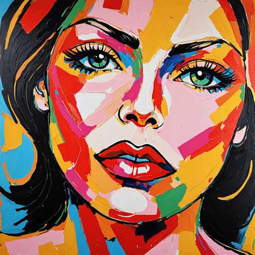 This vibrant and detailed painting portrays a woman's face, rendered in a style reminiscent of Picasso's abstract approach. The woman's face is a striking blend of colors, with her skin depicted in shades of pink, white, and orange. Her lips are painted a bold red, and her eyes are a captivating green with long, black eyelashes. She has black hair that falls just below her ears, and her eyebrows are also black. The background is a light blue, which contrasts beautifully with the colorful elements of her face. The painting features an array of colors including red, blue, green, yellow, orange, pink, and white, creating a dynamic and lively composition. The woman's expression is neutral, and she is looking directly at the viewer, giving the painting a sense of engagement. The overall effect is a captivating and modern portrait that draws the eye with its vivid hues and abstract style.