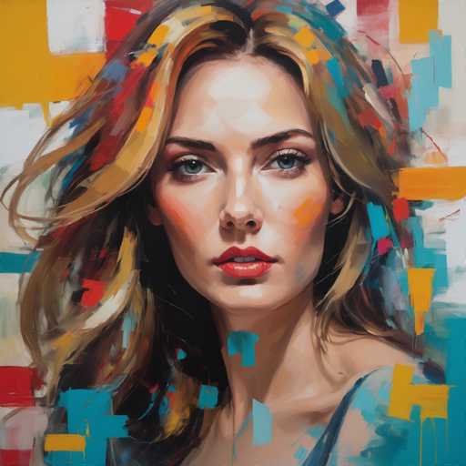 The image is an oil painting that depicts a woman with blonde hair and blue eyes looking directly at the viewer. The background features a vibrant mix of colors including red, yellow, green, and blue squares arranged in a grid-like pattern.