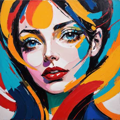 This image is a vibrant and abstract painting of a woman's face, characterized by its use of thick, textured brushstrokes and a rich palette of colors. The woman's face is predominantly white, with striking blue eyes that feature black pupils and a subtle white dot in the center. Her eyebrows are black, and she wears bright red lipstick that reveals her two front teeth. The woman's hair is a mix of black and blue, with streaks of yellow and orange, and it appears to be pulled back, possibly into a bun. Her face is adorned with yellow eye shadow and pink blush on her cheeks, adding to the painting's vividness. The background is a dynamic blend of colors, including blue, yellow, red, and white, with thick brushstrokes that create a sense of movement and depth. The overall composition is abstract, with no distinct border, allowing the colors and textures to flow seamlessly across the canvas.