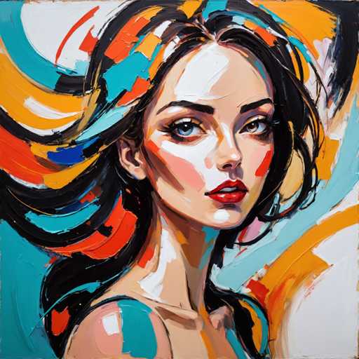 This painting depicts a young woman with long, dark brown hair that appears to be blowing in the wind. Her hair is adorned with vibrant streaks of orange, blue, and red, adding a dynamic and colorful element to the piece. She has striking blue eyes and full, red lips, with her face framed by long eyelashes. The woman is wearing a sleeveless top, and her bare shoulders are visible, suggesting a casual yet elegant attire. The background is a blend of white and blue hues, with splashes of orange and red that harmonize with the colors in her hair. The painting style is somewhat abstract, with visible brush strokes that give it a textured and expressive feel. The woman is looking directly at the viewer, creating a sense of engagement and connection. The overall composition is vibrant and full of life, with the interplay of colors and the woman's serene yet captivating expression.