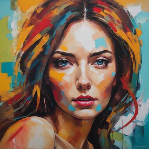 The image depicts an abstract portrait of a woman with long brown hair and striking blue eyes. The painting is done in a cubist style, characterized by geometric shapes and bold colors. The background features a vibrant mix of yellow, green, red, and blue hues that contrast with the woman's face.