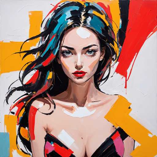This image is a detailed painting of a young woman with long, wavy hair that cascades down to her chest. Her hair is predominantly black, but it features striking highlights of blue, red, and yellow, adding a vibrant and dynamic quality to her appearance. She has a fair complexion, accentuated by a bold red lipstick that stands out against her lips. Her eyes are a captivating blue, framed by long eyelashes, and her eyebrows are dark and well-defined. She is wearing a black top that reveals her shoulders and part of her chest, with a hint of pink visible on the right side. The background is a white canvas adorned with abstract splashes of yellow, red, and blue, creating a lively and energetic atmosphere that complements the subject. The overall composition is square, with the woman's head positioned at the top and her chest towards the bottom, creating a balanced and engaging visual narrative.