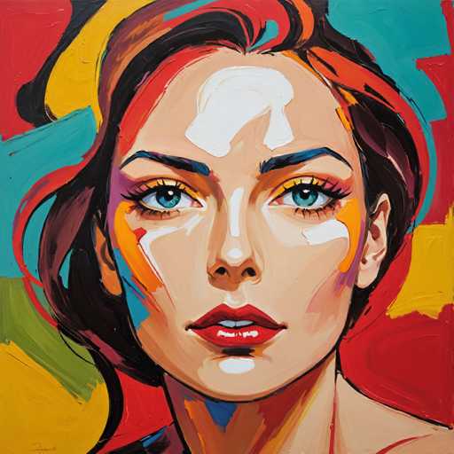 This image is a vibrant and abstract painting of a woman's face, set against a dynamic background of red, yellow, and blue hues. The woman has short brown hair and striking blue eyes, with her face adorned with white paint on her forehead, nose, and cheeks. Her lips are painted a vivid red, and she has a serious expression. The background features a mix of colors, with red and yellow prominently visible on the right side, and blue on the left. The painting style is abstract, with colors and shapes blending together to create a unique and expressive portrait.