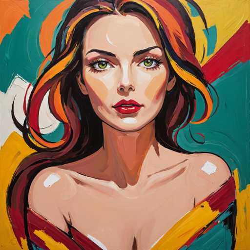 This image is a detailed painting of a woman with long, wavy hair that features a mix of brown, orange, and yellow highlights. Her hair is parted in the middle, and she has striking green eyes accentuated by long eyelashes and dark eyebrows. She wears bright red lipstick that contrasts with her fair skin. The woman is dressed in a low-cut top that reveals her shoulders and collarbone, with the fabric painted in shades of red, yellow, and blue. The background is a vibrant mix of colors, including teal, yellow, red, and white, creating a dynamic and colorful setting that complements the subject. The painting style is somewhat abstract, with visible brush strokes adding texture and depth to the image.