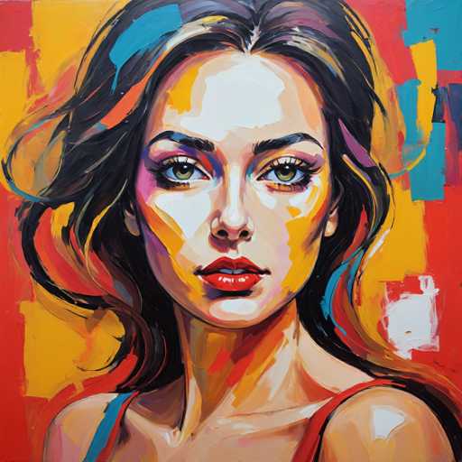 This vibrant painting captures a striking portrait of a woman with long, dark brown hair that cascades down her back. Her face is adorned with a mix of colors, including white, yellow, and blue, which blend harmoniously with her natural skin tones. Her eyes are a captivating greenish-brown, framed by thick black eyebrows and long eyelashes. She wears bright red lipstick that stands out against her fair complexion. The woman is dressed in a red tank top, with a blue strap visible over her right shoulder. The background is a dynamic blend of red, yellow, blue, and white, creating a lively and colorful setting that complements the subject. The painting style is somewhat abstract, with colors and shapes merging to form a cohesive and visually engaging piece.