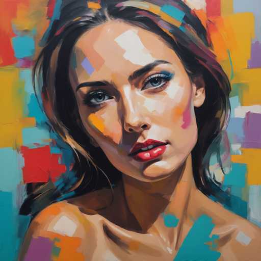 This image is a vibrant, abstract painting of a woman's face, set against a colorful, geometric background. The woman's face is the focal point, rendered with a blend of realistic and abstract elements. Her skin is a light tan, and her facial features are striking: she has dark brown hair, blue eyes, and red lips. Her face is adorned with splashes of various colors, including white, yellow, orange, and pink, which add to the abstract nature of the painting. The background is a dynamic mix of squares and rectangles in shades of blue, yellow, red, and purple, creating a lively and energetic backdrop. The woman's neck is visible, and her shoulders are bare, with splashes of blue and orange paint on her skin. The overall composition is a harmonious blend of color and form, with the woman's face emerging as the captivating centerpiece.