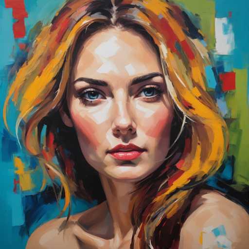 This image is a detailed painting of a woman with a serious expression, gazing directly at the viewer. Her face is framed by long, wavy hair that blends shades of blonde, red, and brown, with some strands cascading over her left shoulder and others behind her right shoulder. Her striking blue eyes are accentuated by dark eyebrows, and her lips are painted a vivid red. The woman's bare shoulders are visible, and she appears to be wearing a black tank top. The background is a vibrant mix of abstract shapes and colors, predominantly featuring shades of blue, green, red, and white, with some areas of black. The painting style is characterized by thick, textured brushstrokes, giving it a dynamic and expressive feel.