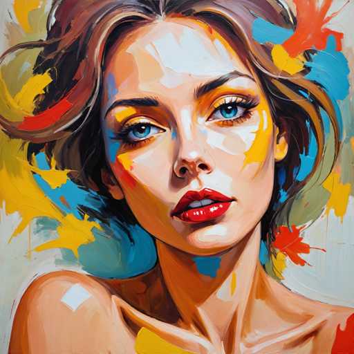 This image is a detailed painting of a woman with short brown hair, blue eyes, and red lipstick. She is looking directly at the viewer, her head slightly tilted to the left. The painting captures her from the shoulders up, with her bare shoulders visible. Her face is adorned with splashes of various colors, including blue, yellow, and red, which add a dynamic and abstract quality to the portrait. The background is predominantly white, with additional splashes of blue, yellow, and red, creating a vibrant and textured effect. The woman's expression is neutral, and she has no jewelry on. The overall style of the painting blends realism with abstract elements, making it a striking and visually engaging piece.