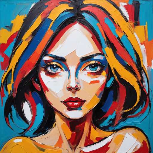 This vibrant painting features a woman with a strikingly angular face, characterized by a sharp chin and a prominent nose. Her blue eyes are accentuated by blue eyeshadow, and her lips are painted a vivid red. Her hair is a chaotic mix of colors, including black, blue, red, yellow, and orange, with some strands appearing almost black. She is dressed in a yellow shirt, and the background is a dynamic blend of blue, red, yellow, and white, creating a lively and colorful atmosphere. The painting style is abstract, with paint applied in broad, expressive strokes, giving the piece a textured and dynamic feel.