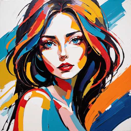 This vibrant painting features a woman with long, flowing hair that cascades down to her waist. Her hair is a striking blend of black, red, yellow, and blue, creating a dynamic and eye-catching effect. She has large, expressive blue eyes and wears bright red lipstick that stands out against her fair complexion. The woman is dressed in a blue top, and her shoulders are visible, adding to the sense of depth in the portrait. The background is a stark white, which contrasts sharply with the colorful streaks of blue, orange, and yellow that paint the scene, giving it a lively and energetic feel. The woman's face is turned slightly to the right, with her eyes gazing directly at the viewer, creating a sense of connection and intrigue. The overall composition is both bold and delicate, with the vibrant colors and fine details of her features drawing the viewer into the painting.