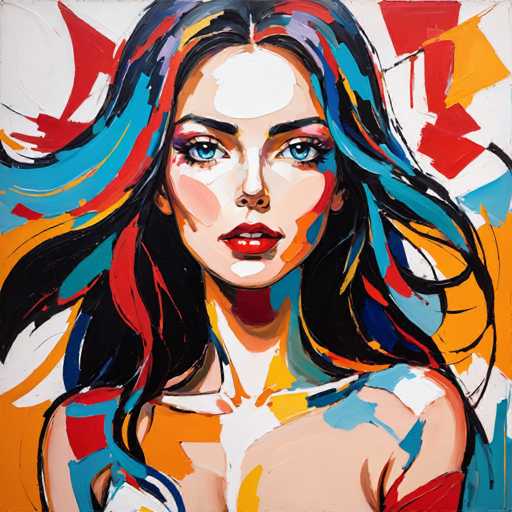 This image is a vibrant and abstract painting of a woman, created using a palette of red, blue, black, white, and yellow. The woman's face is the focal point, with her striking blue eyes and red lips that stand out against her fair skin. Her hair is a chaotic mix of colors, blending black, blue, red, and yellow, giving it a dynamic and wild appearance. The background is a stark white, which contrasts sharply with the colorful elements in the painting. The woman's body is partially visible, with her bare shoulders and chest exposed, adding to the abstract nature of the piece. The overall style is reminiscent of modern abstract art, with its bold use of color and unconventional representation of the human form.