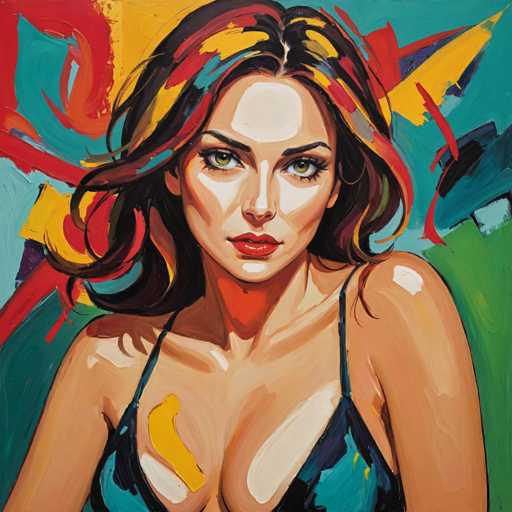 This image is a detailed painting of a woman with a striking appearance. She has long, flowing black hair that is accentuated with streaks of yellow and red, giving it a vibrant, almost fiery look. Her hair cascades down to her shoulders, framing her face beautifully. The woman's eyes are a captivating greenish-brown, and her lips are painted a bold red, adding to her allure. She is wearing a black bikini top that contrasts with her fair skin, and her shoulders are bare, emphasizing her elegant posture. The background is a dynamic mix of colors, with shades of blue, red, yellow, and green swirling around her, creating a sense of movement and energy. The overall composition is square, with the woman's face and upper body as the focal point, drawing the viewer's attention to her intense gaze and the vivid colors surrounding her.
