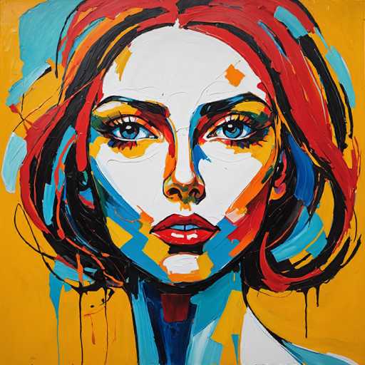 This image features a striking painting of a woman with a white face, set against a vibrant yellow background. The woman's hair is a mix of black, red, and blue, with red being the most prominent. Her eyes are a captivating blue, framed by black eyebrows and adorned with red lipstick. The artist has used a palette of colors to create a dynamic and visually engaging piece. The painting is square in shape, and the woman's face is the central focus, with her neck and a portion of her shoulder visible. The background is predominantly yellow, with splashes of blue and red, adding depth and contrast to the overall composition. The style is bold and expressive, with the colors and brushstrokes contributing to a sense of energy and movement within the painting.