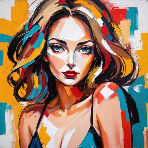 The image is a vibrant, abstract painting of a young woman with a serious expression. She has striking blue eyes and red lips, and her long, wavy hair is a blend of black, brown, blonde, and red hues. She is wearing a blue spaghetti strap top, and the background is a dynamic mix of colors, including white, yellow, red, blue, and orange, with some areas appearing as if they are peeling off. The painting style is reminiscent of a comic book, with bold, flat colors and a slightly cartoonish yet realistic depiction of the woman. Her face is painted with a white diamond on her forehead, and her skin is a blend of peach, yellow, and white tones. The overall effect is a striking, colorful portrait that captures the viewer's attention with its vivid details and abstract elements.
