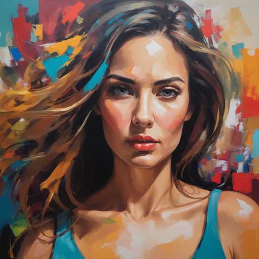 This image is a detailed painting of a woman with long, wavy brown hair that features highlights of lighter brown and blonde. Her hair is adorned with streaks of blue, orange, and yellow, adding a vibrant touch to the overall composition. The woman has striking blue eyes and is wearing red lipstick, which accentuates her full lips. She is dressed in a blue tank top, and the painting captures her from the shoulders up, with her head slightly tilted to the right. The background is an abstract blend of colors, including red, blue, yellow, orange, and white, creating a dynamic and colorful setting that contrasts with her more realistic portrayal. The woman's expression is serious, and she gazes directly at the viewer, creating a sense of connection and intensity.