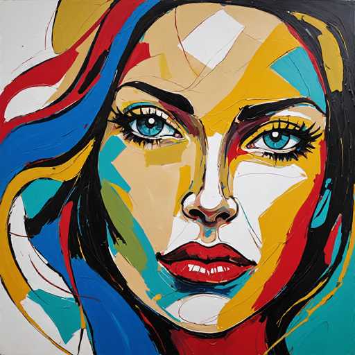 This vibrant and abstract painting features a woman's face, rendered in a style reminiscent of Picasso. The artwork is dominated by a palette of blues, reds, and yellows, with accents of white and black. The woman's face is a blend of various colors, with her forehead painted in a mix of yellow, white, and blue. Her striking blue eyes are framed by black eyebrows and long eyelashes, and her lips are painted a vivid red. Her hair is a chaotic mix of blue, red, yellow, and black, with streaks of white, adding to the abstract nature of the piece. The background is predominantly white, with splashes of red and blue, and there are hints of green and yellow. The painting is highly detailed, with visible brush strokes and cracks in the paint, giving it a textured, almost three-dimensional appearance. The woman's face is the focal point, with her neck and the top of her head also visible, creating a captivating and dynamic composition.