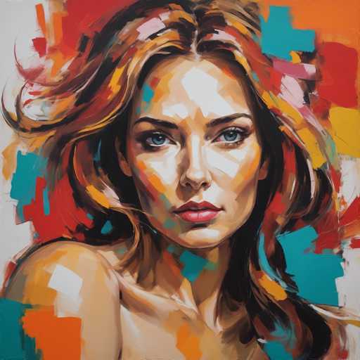 The image depicts an abstract portrait of a woman with long brown hair and blue eyes. The painting is done in a loose, impressionistic style using bold colors such as red, orange, yellow, green, blue, and pink to create the overall effect.
