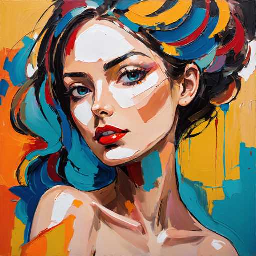 This image is a vibrant, abstract painting of a woman with a striking and colorful appearance. The woman has long, dark hair that is styled in a bun, with some strands cascading over her right shoulder. Her hair is adorned with an array of bright colors, including blue, red, yellow, and orange, which blend together in a watercolor-like effect. She has large, expressive blue eyes and full red lips, with her gaze directed to the right. Her face is partially covered with white patches, reminiscent of bandages, particularly around her eyes, nose, and chin. The woman's neck and shoulders are bare, and she appears to be wearing a strapless top. The background is a dynamic mix of yellow, orange, and blue, with paint streaks and drips adding to the abstract feel of the piece. The overall composition is both bold and delicate, with the interplay of colors and textures creating a captivating visual experience.