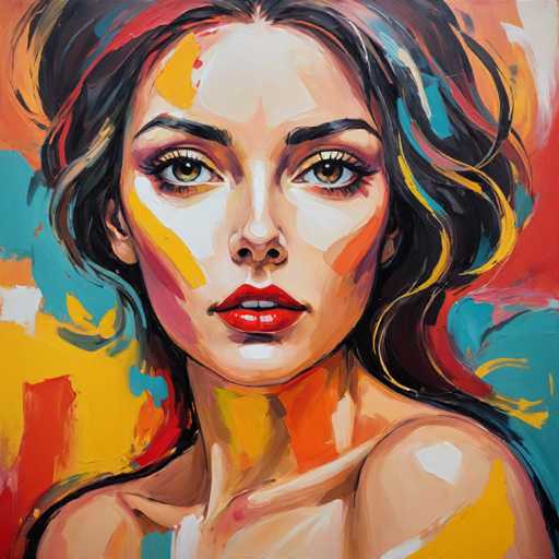 This image is a vibrant and detailed painting of a woman, showcasing her from the shoulders up. The woman has striking black hair, which is adorned with a variety of colorful highlights, including shades of blue, yellow, and orange. Her face is painted with a combination of white and orange, with additional splashes of yellow and pink, creating a dynamic and textured appearance. She has expressive brown eyes, accentuated by black eyelashes and black eyebrows. Her lips are painted a vivid red, and her mouth is slightly open, revealing her top teeth. The background is a lively mix of colors, featuring prominent streaks of yellow, red, and blue, with touches of white, orange, and pink. The overall composition is abstract and colorful, with the woman's face being the focal point amidst the vibrant and chaotic background.