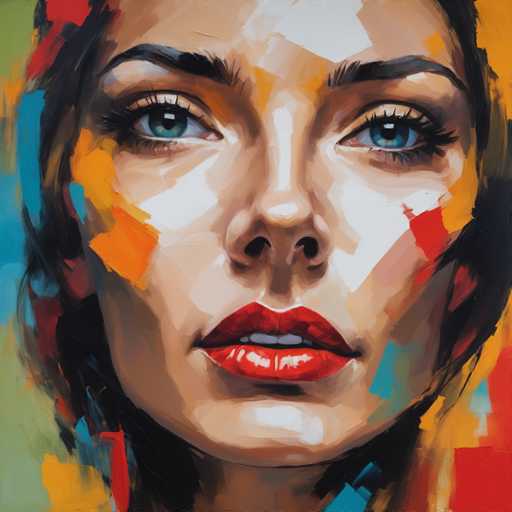 This image is a detailed painting of a woman's face, capturing her from the neck up. The woman has striking blue eyes and black hair that frames her face. Her lips are painted a vivid red, and her teeth are visible, adding to the expressive nature of her gaze. The painting style is somewhat abstract, with splashes of various colors—blue, orange, red, and yellow—scattered across her face, creating a dynamic and vibrant effect. The background is a mix of green, blue, and red hues, further enhancing the overall artistic and somewhat surreal atmosphere of the piece.