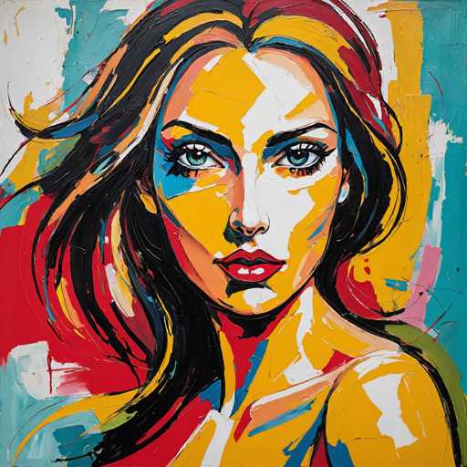 This vibrant painting features a woman with long, flowing black hair that cascades down to her chest, adorned with streaks of yellow, orange, and red. Her face is a striking blend of colors: the left side is predominantly yellow with a white streak, while the right side is mostly white with a yellow streak. She has large, expressive blue eyes framed by long eyelashes and a small nose. Her lips are painted a bold red, and her chin is slightly upturned. The background is a dynamic mix of colors, with the left side being red, the right side blue, and the top left corner white. The woman's body is depicted in yellow with white highlights, and she appears to be wearing a red top. The overall composition is abstract, with paint strokes creating a textured, almost three-dimensional effect, giving the painting a modern and artistic feel.