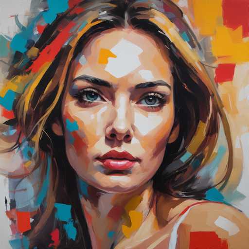 This image is a detailed painting of a woman with a serious expression, her head slightly turned to the right. She has long, wavy hair that is a mix of blonde and brown, with some strands appearing darker. Her striking blue eyes are framed by long eyelashes and dark eyebrows. She has full, red lips and a long, slender nose. The woman is wearing a white tank top, and her bare shoulder is visible. The background is a vibrant mix of colors, including red, yellow, blue, and white, with some areas appearing as abstract splotches. The painting style is somewhat abstract, with the woman's face and hair being the most detailed elements, while the background remains more impressionistic.