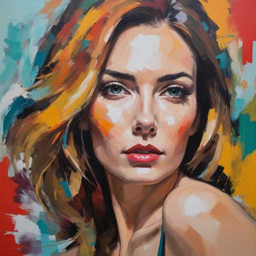 The image depicts an oil painting of a woman with long blonde hair and striking blue eyes. The artist has used bold colors and thick brushstrokes to create the portrait, resulting in a vibrant and dynamic scene.