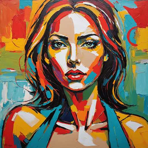 This vibrant painting features a woman with shoulder-length hair, adorned in a blue top that reveals her shoulders and the upper part of her chest. Her striking green eyes are framed by dark eyebrows, and her lips are painted a vivid red. The background is a dynamic blend of colors, with the top left corner showcasing a mix of orange, red, and yellow, while the top right corner is dominated by blue. The bottom left corner features a blend of blue and white, and the bottom right corner is a mix of yellow and blue. The woman's face is painted with a combination of white, orange, and blue, adding to the painting's colorful and abstract nature.