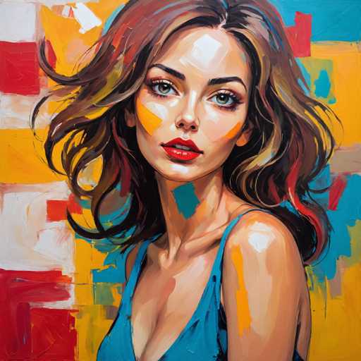 The image depicts an oil painting of a woman with long brown hair and striking red lipstick. The woman is wearing a blue dress that contrasts with the vibrant colors surrounding her. The background features a colorful abstract pattern in shades of yellow, orange, and pink.