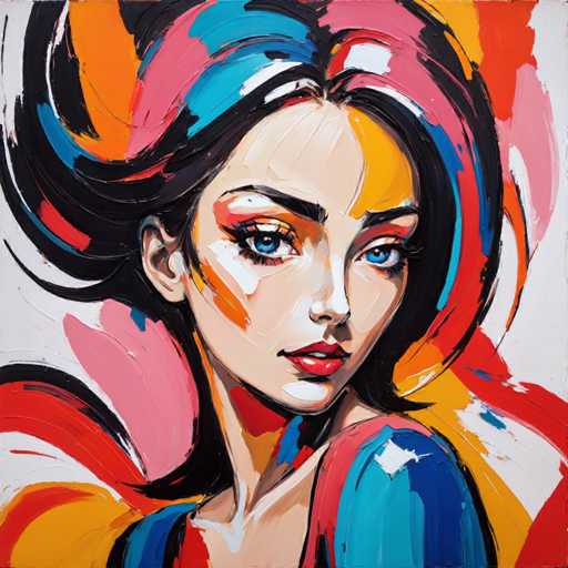 This image is a vibrant and detailed painting of a woman, likely created using oil or acrylic paints. The woman has striking blue eyes and red lips, with her head turned over her right shoulder, gazing directly at the viewer. Her hair is a mix of black, blue, red, and orange, styled in a way that it appears to be flowing behind her. The painting features a dynamic and colorful background with splashes of red, blue, orange, and pink, adding to the overall lively and expressive nature of the artwork. The woman's face is painted with a combination of white, orange, and yellow tones, and she has a small nose and a hint of a smile. The background is predominantly white, with the colorful paint splashes creating a sense of movement and energy around her.