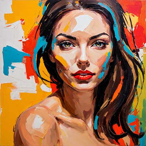 This vibrant painting captures the essence of a woman's face and upper body with striking detail. The woman, with her long, dark brown hair cascading down to her shoulders, gazes directly at the viewer with captivating green eyes. Her face is adorned with a bold red lipstick, and her expression is one of serene intensity. The artist has skillfully used a palette of colors to highlight her features, with a notable white patch on her forehead and a touch of yellow on her cheek. Her neck and the upper part of her body are painted in a light brown hue, adding depth to the portrait. The background is a dynamic blend of colors, with a prominent yellow backdrop interspersed with streaks of red, blue, and white, creating a sense of movement and energy. The overall composition is both striking and harmonious, drawing the viewer into the woman's world.