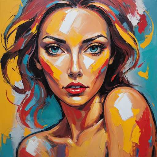 This vibrant painting features a close-up of a woman's face and upper body, rendered in a style reminiscent of abstract expressionism. The woman, who has fair skin, is depicted with striking blue eyes and dark eyebrows. Her lips are painted a vivid red, and her hair, a blend of brown, red, and blue hues, appears to be blowing in the wind. The background is a dynamic mix of blue, yellow, and white, with splashes of red and blue paint adding to the abstract feel. The woman's shoulders are bare, and she gazes directly at the viewer, creating a powerful and engaging presence. The overall composition is a harmonious blend of colors and textures, capturing the essence of the subject with a modern, artistic flair.