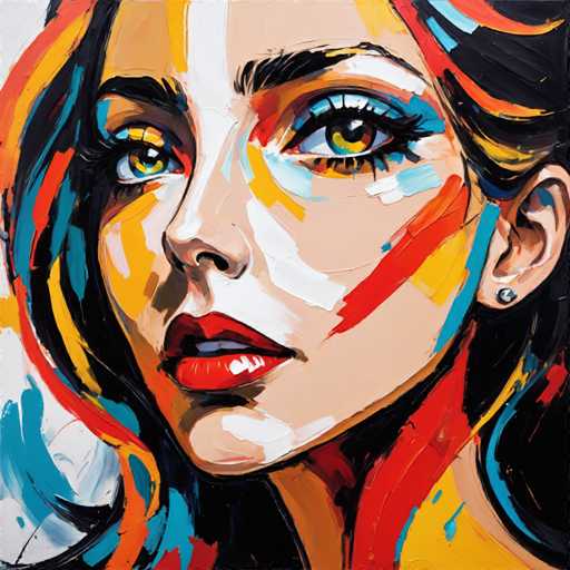 This image is a vibrant and colorful painting of a woman's face, captured in a close-up view. The woman has striking green eyes and is adorned with bright red lipstick. Her hair is a mix of black, orange, yellow, and blue, cascading down both sides of her face. She wears a single diamond stud earring in her left ear. The painting features a dynamic array of colors, including white, red, yellow, blue, and orange, which are used to accentuate her facial features and create a lively, almost abstract effect. Her face is slightly tilted to the left, and she gazes directly at the viewer, creating a sense of engagement. The background is predominantly white, with splashes of blue, red, and yellow, adding to the overall colorful and artistic composition.